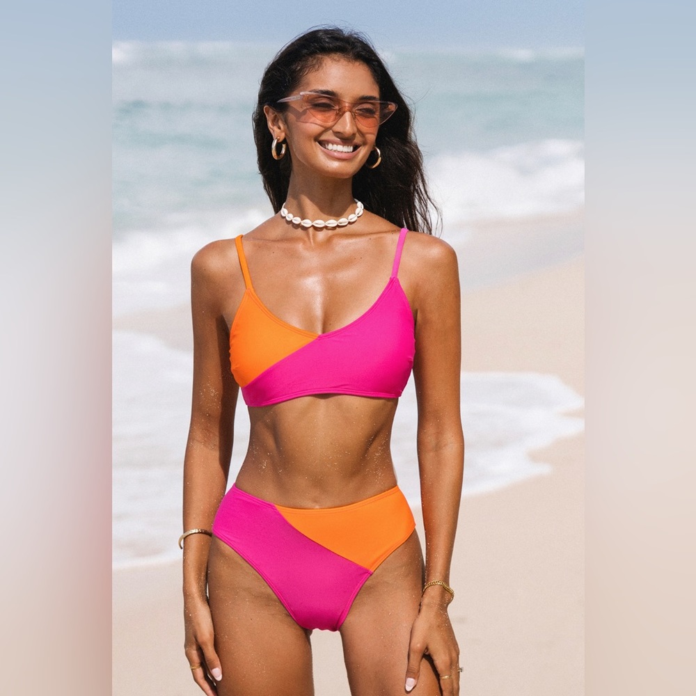 NWT • Cupshe • Colorblock Scoop Neck Top & Retro Bum Bikini Set
